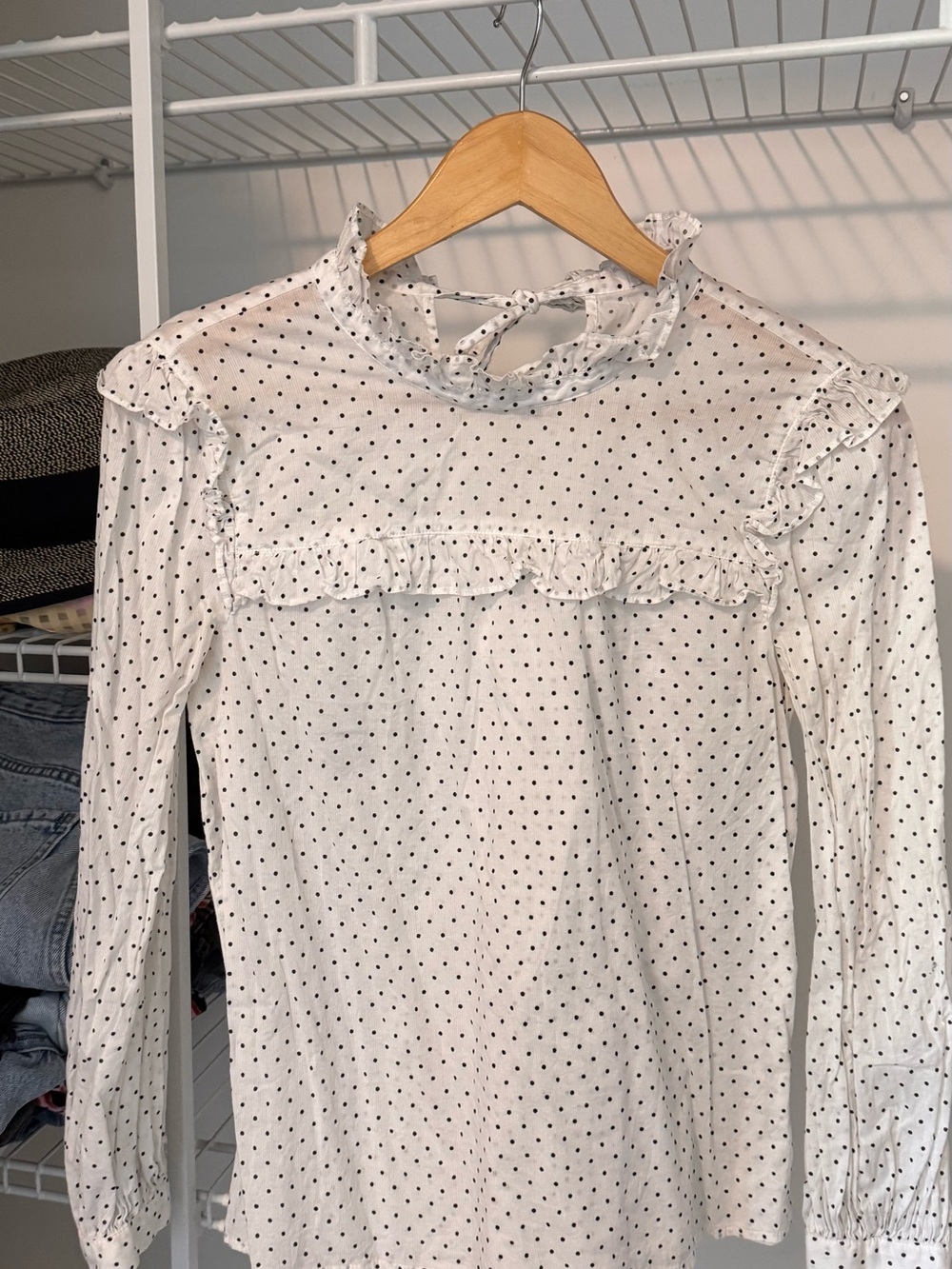 Madewell White Long-Sleeve Ruffle Polka Dot Top